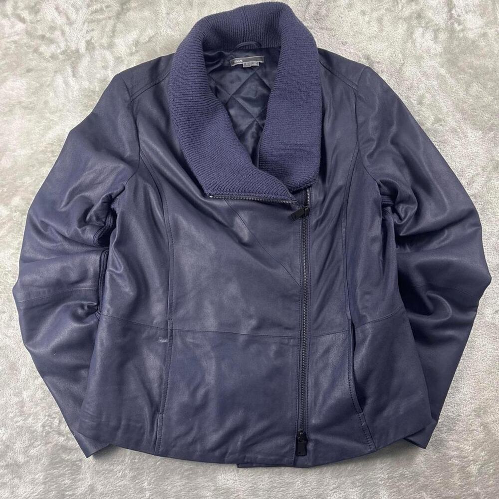 Vince Women’s Goat Leather Biker Jacket Large Blue Asymmetrical Full Zip Moto